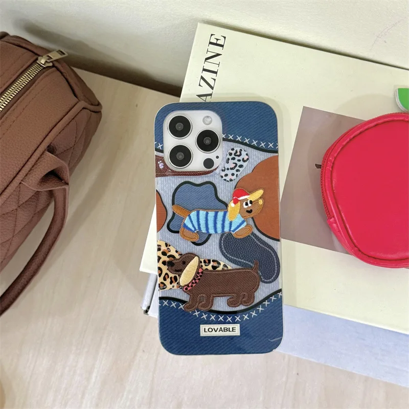 Embroidery Dachshund puppy Denim Leopard art Phone Case For iPhone 15 14 13 12 Pro Max Case Cute luxury Cartoon shockproof Cover