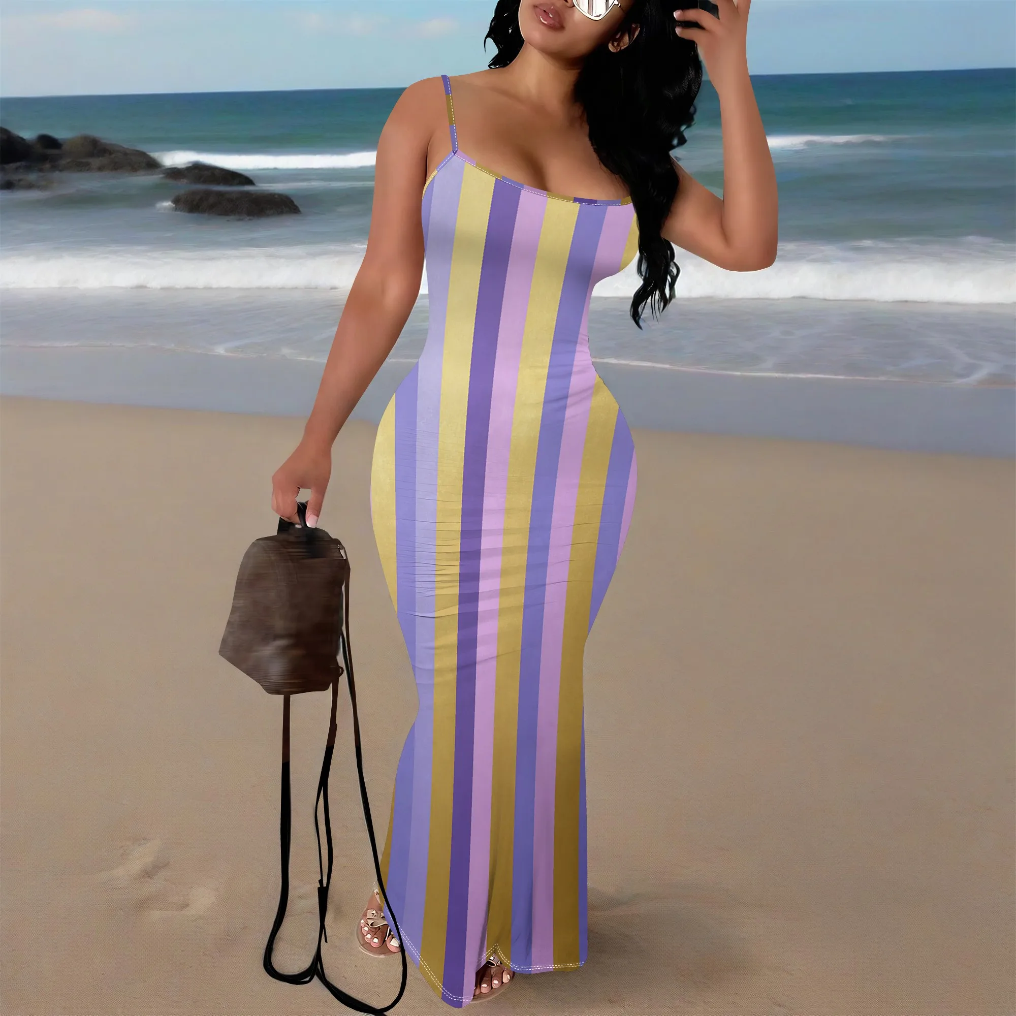 

Women's Striped Bodycon Maxi Dress Spaghetti Strap Plus Size 2025 Summer Slim Fit Casual Vacation Outfit XS-3XL