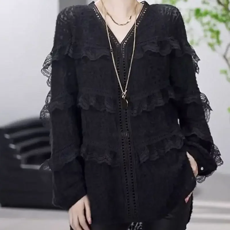 2024 New Spring and Autumn Commuter Fashionable Lace Hollow V-neck Loose Versatile Oversize Women's Long Solid Color Shirt B206