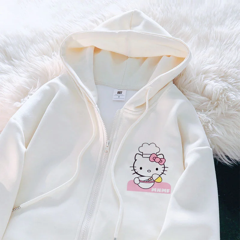 Chaqueta de manga larga con estampado de Hello Kitty para mujer, chaqueta versátil con cremallera, Top de dibujos animados de Disney, color blanco,