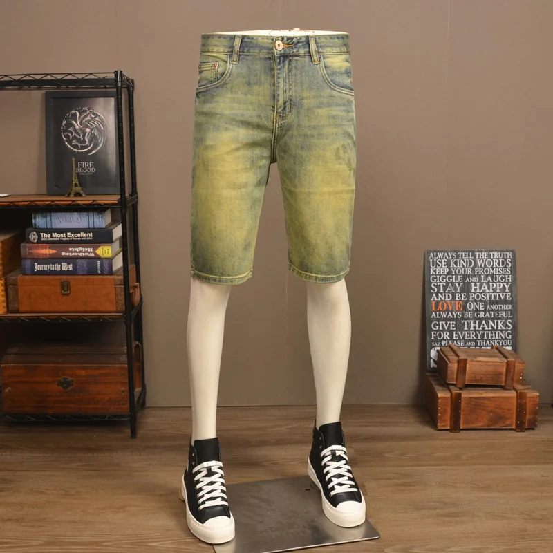 

Summer thin retro distressed yellow mud denim shorts men's high-end trendy brand elastic slim fit washed casual shorts