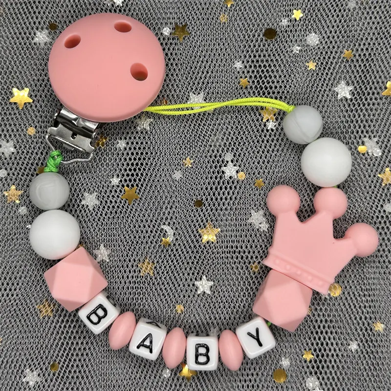 Free Custom Personalized Name Baby Pacifier Clip Chain Silicone Beads Teething Dummy Nipple Holder Clip Newborn Teether Toy Gift