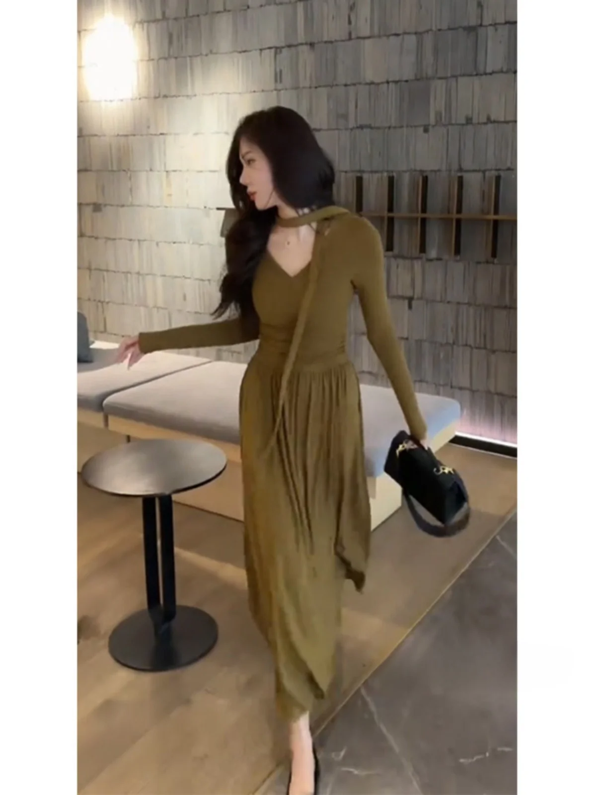 

Hebe Sle Long Sve V-Ne Dr Женская зимняя утягивающая юбка с высокой талией в стиле ретро, длинная юбка Ci Walk