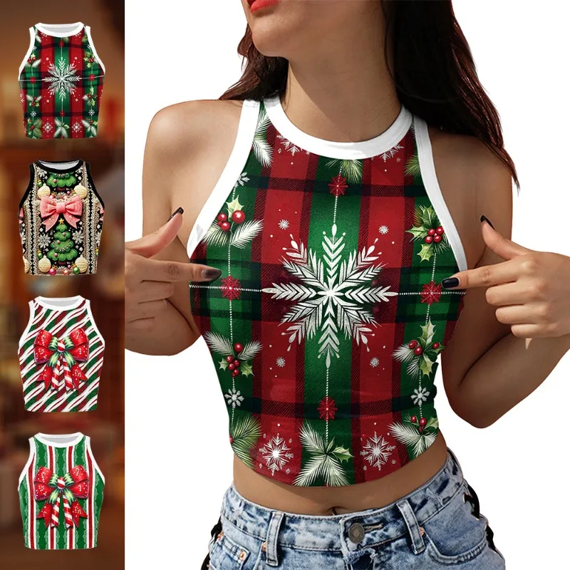 Women's Sleeveless Halter Neck Cropped Vest Snowflake Plaid Print Christmas Holiday Streetwear Slim Fit Tank Top
