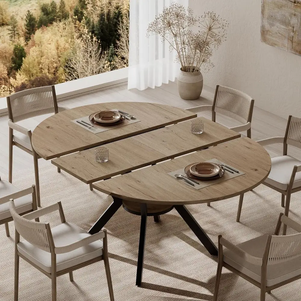 

42-58 Inch Expandable Round Dining Table or 4-6 Seater Kitchen Oval Table with Hidden Leaf Storage, Space-Saving Modern Design,