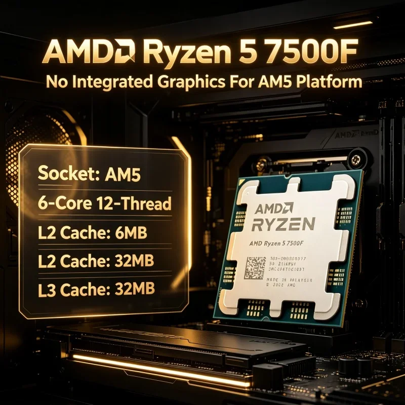 Processador CPU R5 7500F 6C12T 3.7GHz 5.0GHz Boost 32MB L3 65W AM5 para PC Gamer
