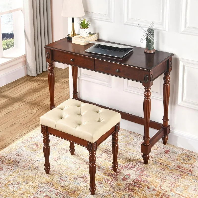 Vanity Bench Stool with Padded Cushion, Piano Bench with Solid Wood Carving Legs, Home Chairs Button Breathing Leather