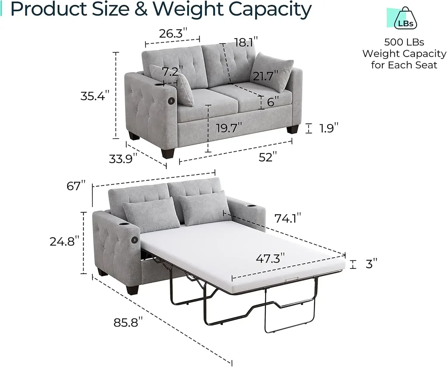 Folding Beds 2-in-1 Convertible Sleeper Couch With Memory Foam Mattress And Solid Wood Bed Frame Two Seat Loveseat Sleeper Sofa