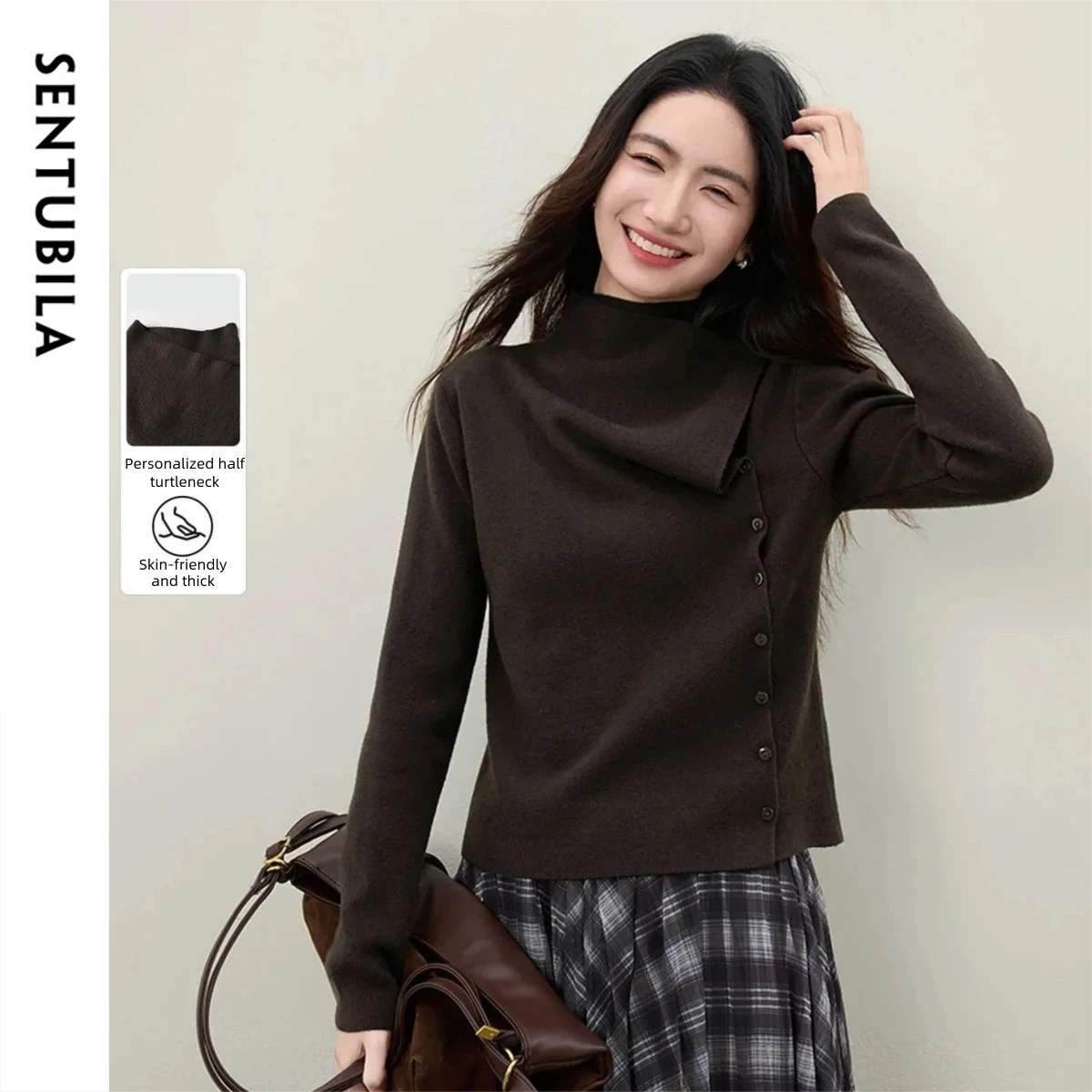 

SENTUBILA Women's Sweater 2025 Chic Irregular Mock Neck Knit Top Side Button Long Sleeve Casual Winter Clothes Woman W54EA5835
