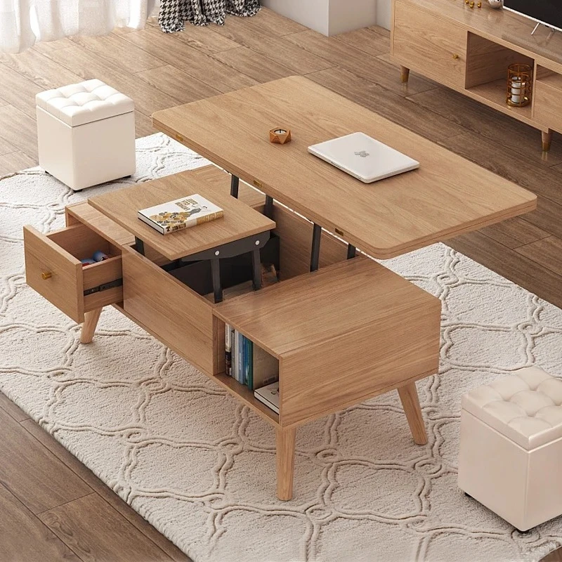 A Nordic multi-functional lifting coffee table becomes dining table dual-purpose living room small apartment solid wood