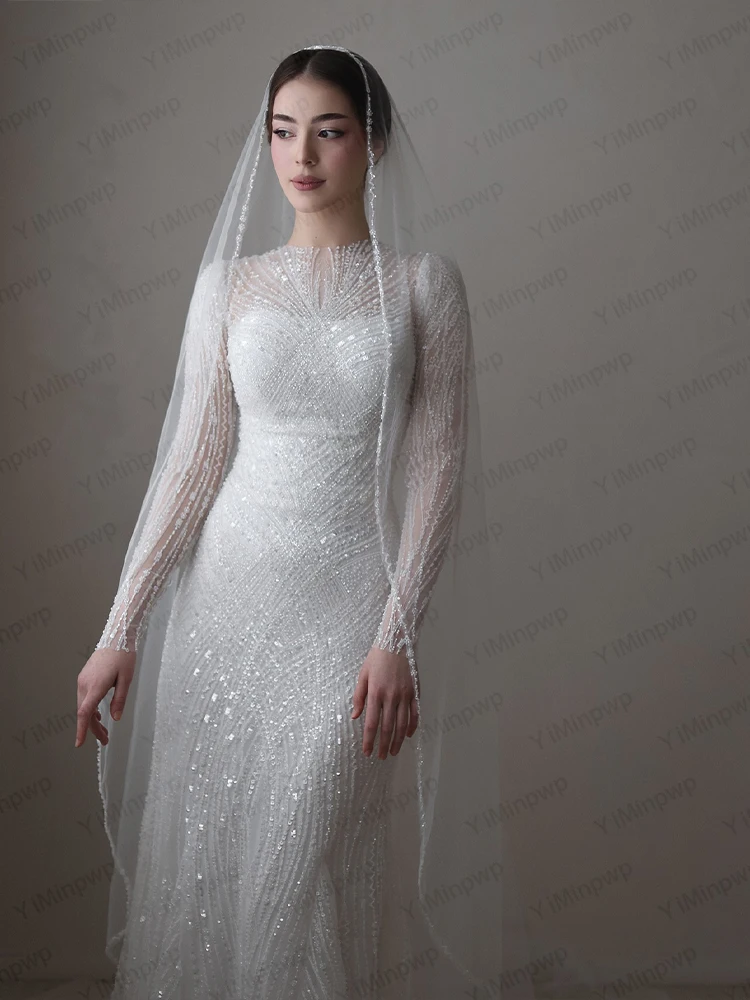 Robes de mariée de luxe col haut à manches longues robe de mariée sirène Train détachable robe de mariée civile robe de mariée personnalisée