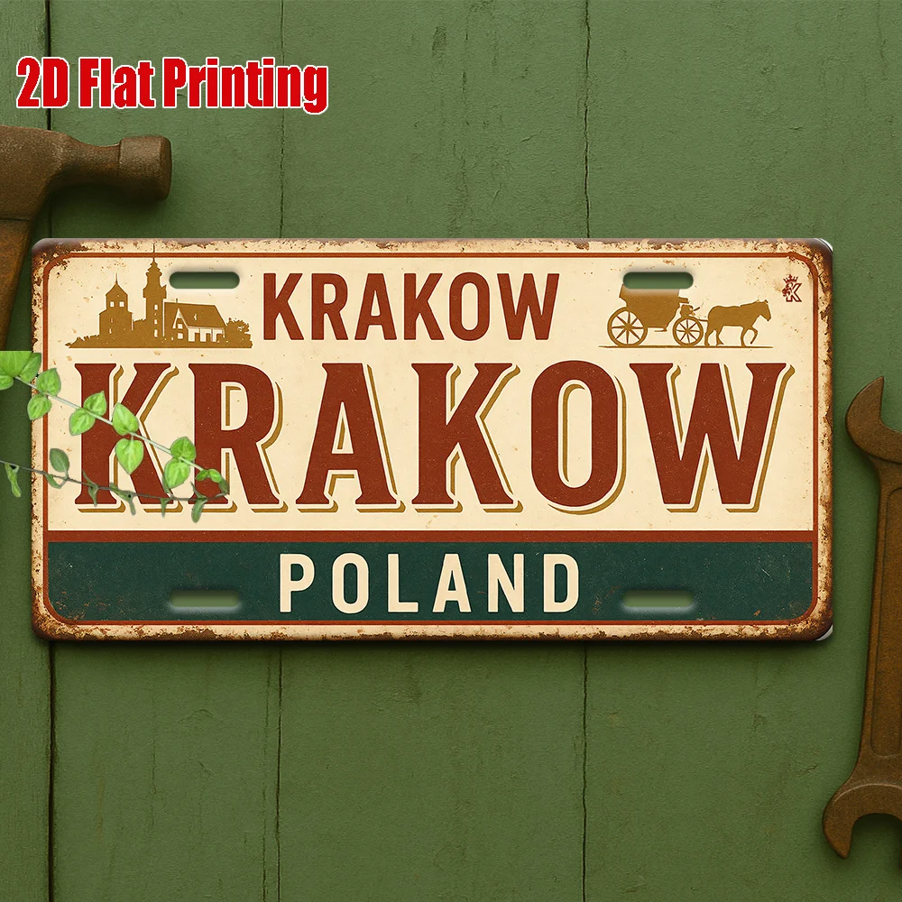 2D flat, 1 Krakow heritage metal license plate - rustic outdoor wall decor, suitable for antique shops, travel corners, bars