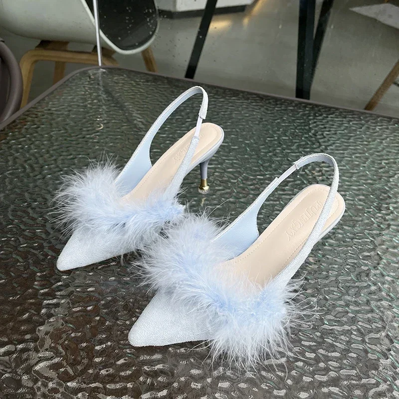 Women Real Ostrich Hair Heel Slippers Female Fashion Furry Slippers High Quality Non-slip Sexy Slippers Ladies Party Heel Shoes