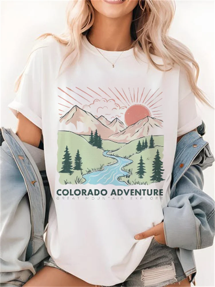 Sunshine Long Beach Pattern Printed Trendy T-Shirt Street Summer Short Sleeve Beach Vacation Printed Women's Top Travel T-Shirt
