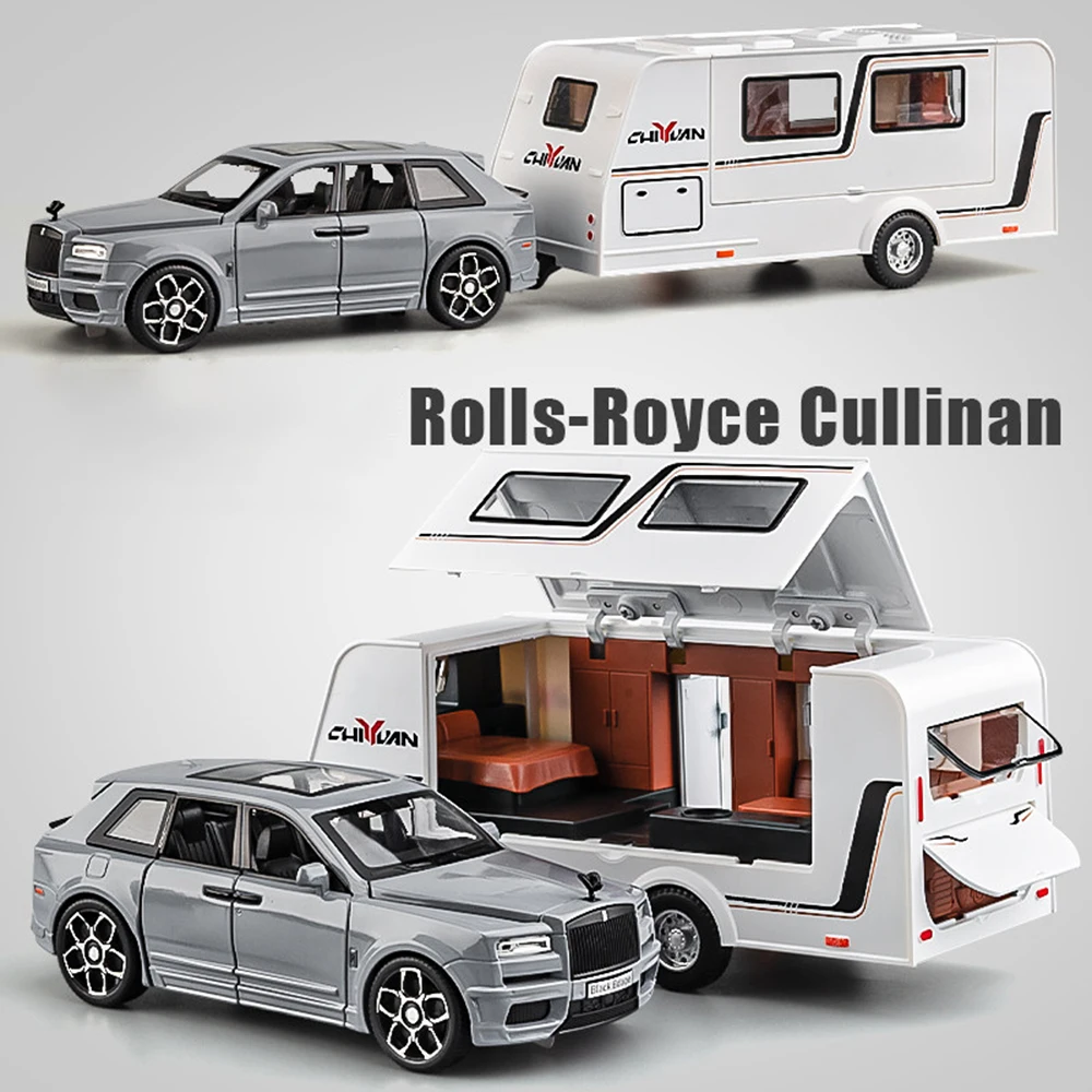 1:32 Alloy Rolls Royce Cullinan Trailer RV Diecast Toys Cars Model Doors Can Be Opened Rubber Tire Pull Back Vehice Friend Gifts