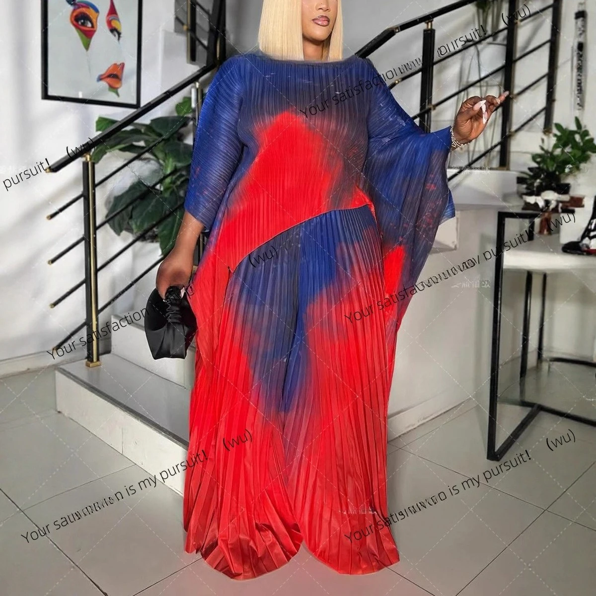 

Fashion suit slightly fat large size women's clothing two-piece set Miyake pleated printed top pleated casual trousers