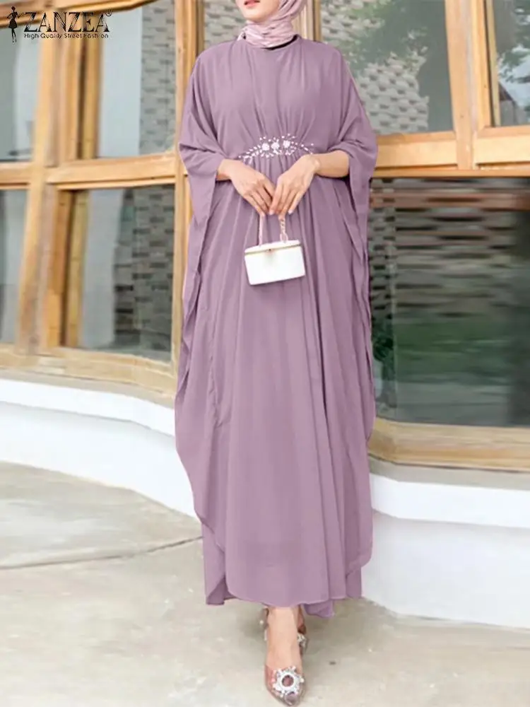 ZANZEA-Vestido musulmán de manga de murciélago para mujer, Vestido de verano liso de Dubái, Abaya de Turquía, Hijab, caftán para mujer