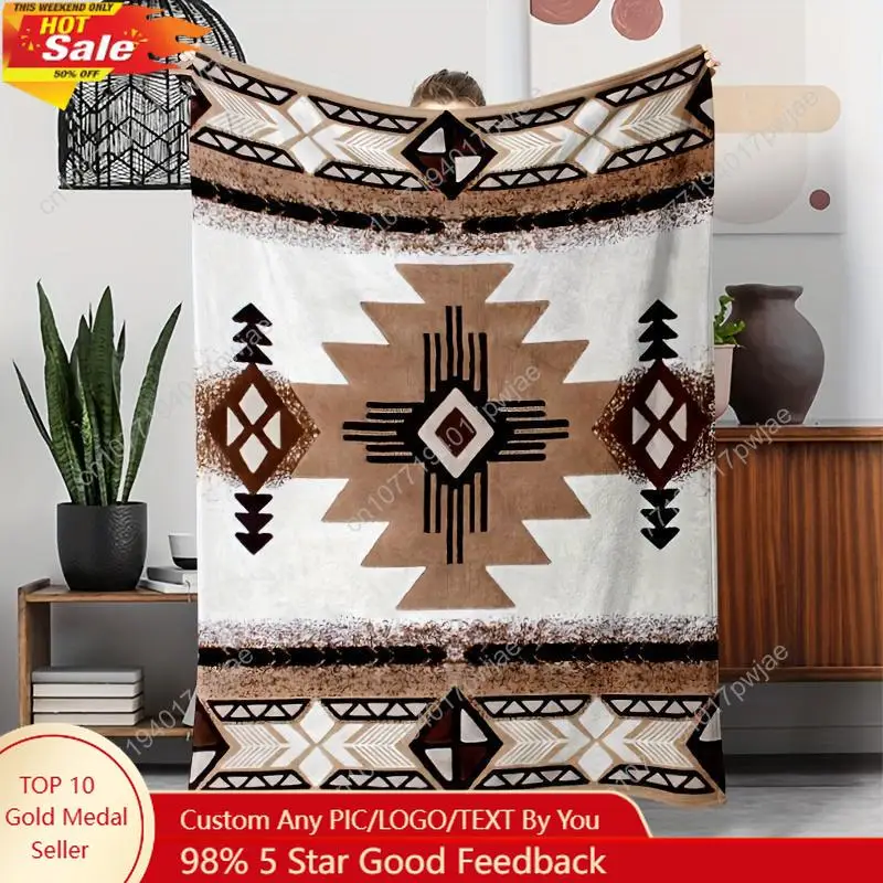 

Western Bohemian Aztec Geometric tribal Flannel Throw Blanket - Boho Style All-Season for Sofa Camping Bedroom Dorm Couch Office