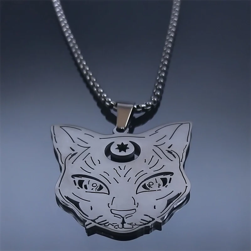 Goth Wicca Cat Moon Star Hollow Pendant Necklace Women Black Color Heptagram Witchcraft Stainless Steel Necklaces Jewelry N8574