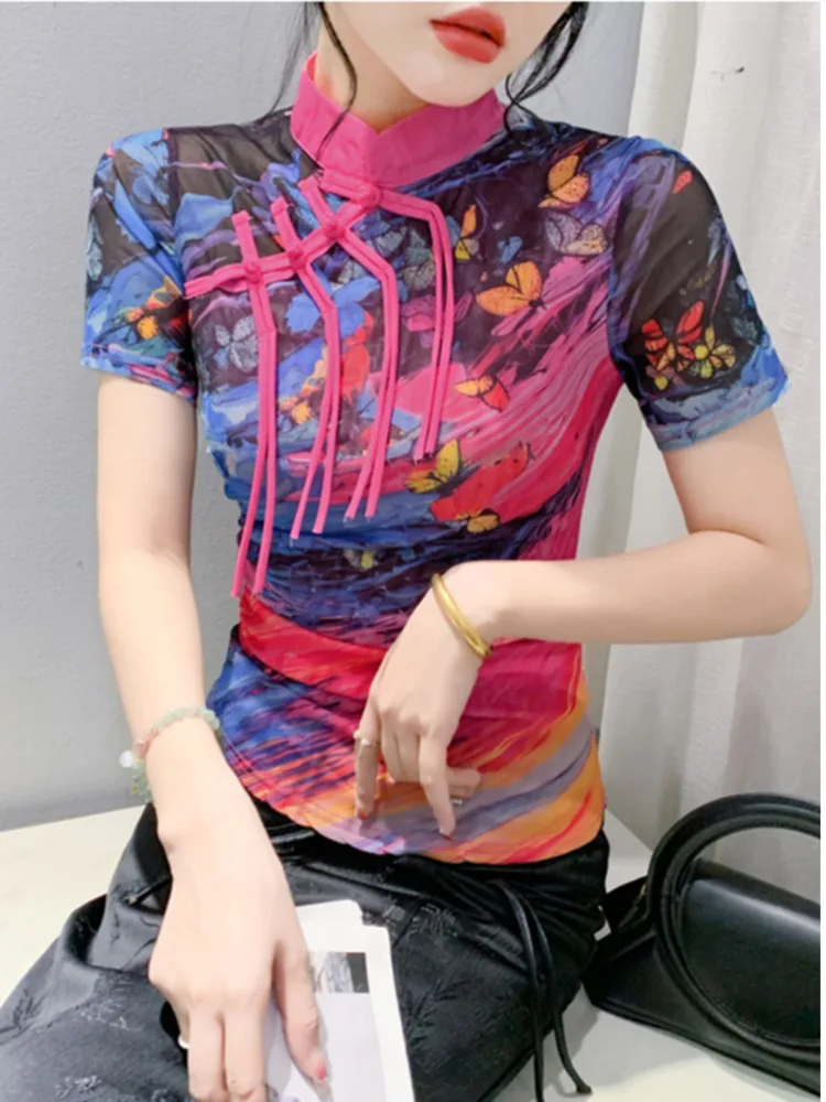 

#6040 Vintage Mesh T Shirt Stand Collar Tie Dye Printed Short T Shirt Women Short Sleeve Sexy Elastic Tight Irregular Tee Summer