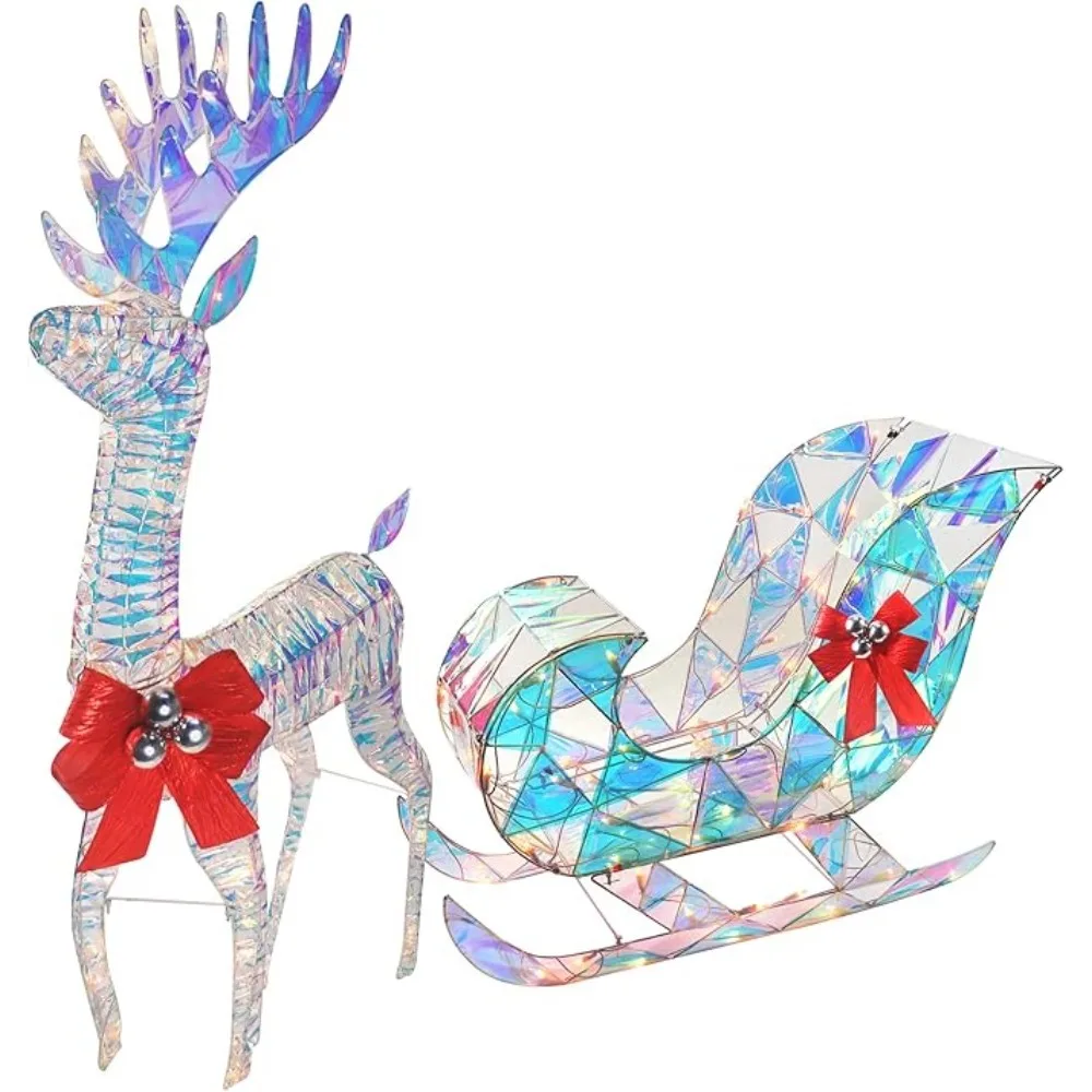 Iridescent Christmas Reindeer and Santa Sleigh Set,ighted Christmas Yard Decoration,Perfect for Indoor or Outdoor Lawn Ornaments