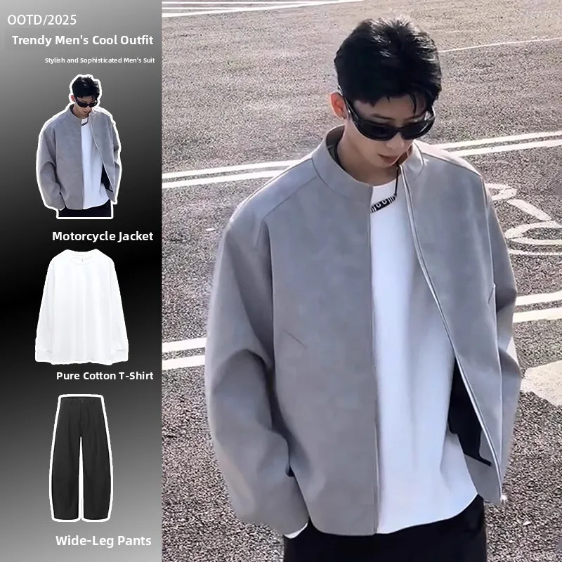 

Мужская матовая кожаная куртка для мужчин, весенняя мотоциклетная куртка с воротником-стойкой, верхняя одежда против морщин