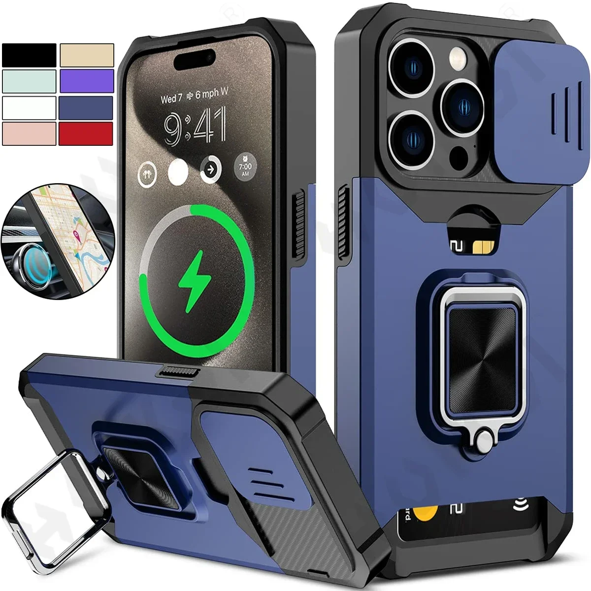 Case For iPhone 16 15 14 13 12 11 Pro Max XR Slide Camera Card Holder Heavy Duty Protective  Ring Magnetic Kickstand Armor Cover