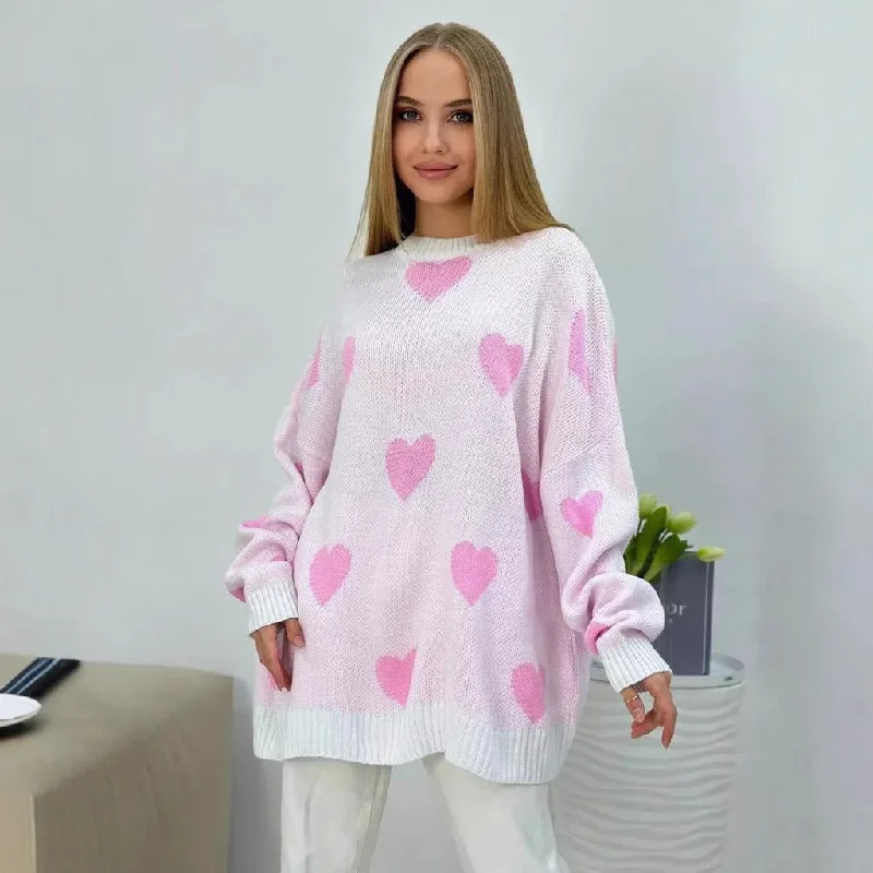 

Womens Spring Autumn Knit Sweater Long Sleeve O Neck Heart Print Loose Knitwear