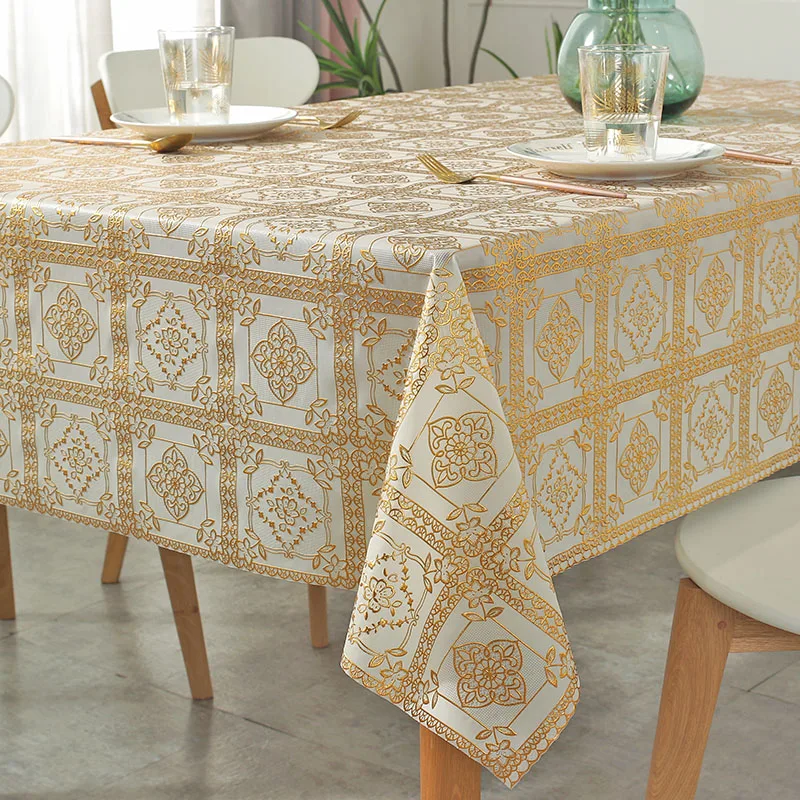 PVC Lace Tablecloth Waterproof Washable and Erasable Table Linen Tea Table Cloth Rectangular Table Cover Golden