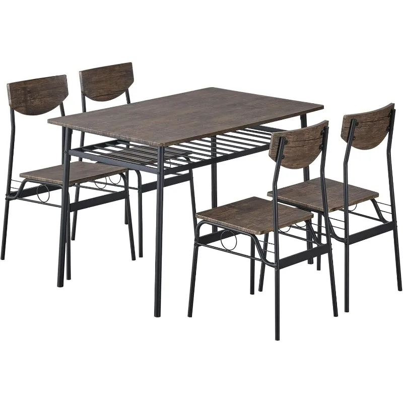 5-Piece Dining Table Set for 4, Modern Kitchen Table Chairs Set with Storage Rack, Rectangular Table, 4 Chairs,Metal Frame-Brown