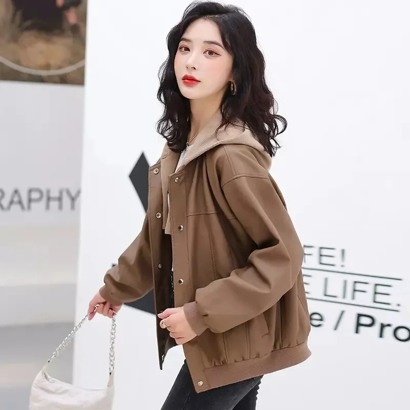 Spring Female New Loose Casual Baseball Uniform PU Leather Jacket Cardigan Women's Temperament Korean Solid Color Leather Jacket