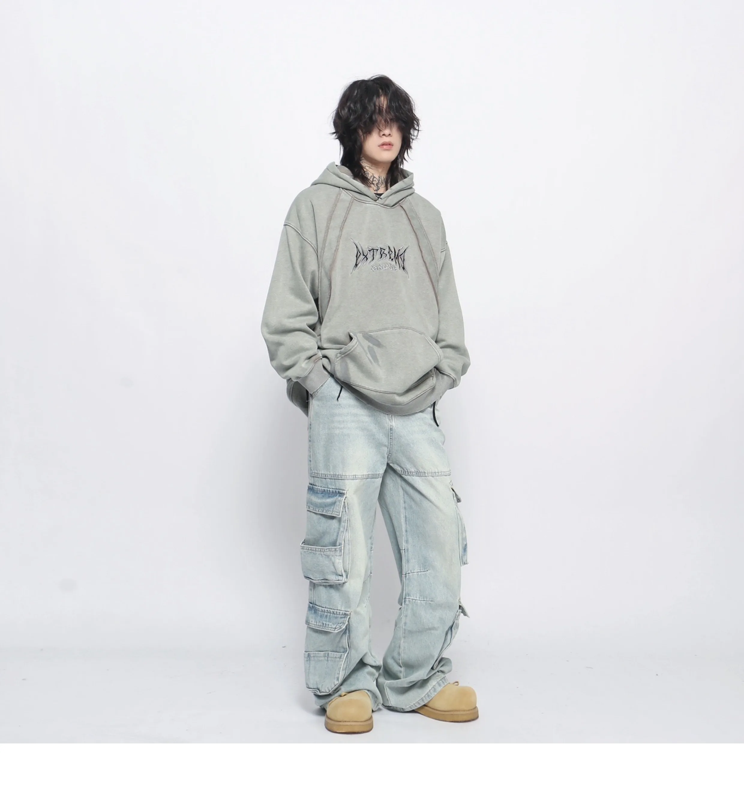 الربيع والخريف جديد الصناعة الثقيلة شارع العليا المطرزة المرقعة الصوف الأسود هوديي النمط الأمريكي الرجال خمر رمادي أعلى