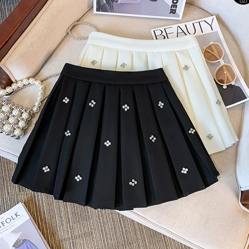 

2024 Spring Summer New High Waist Short Mini Pleated Skirt Streetwear Women Beaded Slim Fashion Korea JK A Line Skirts