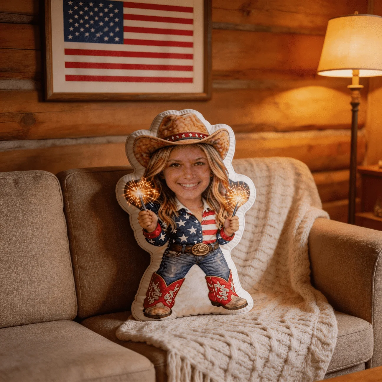 Customized personalized photo shaped pillow, patriotic denim clothing decorative cushion, double-sided printing, 60cm large deco