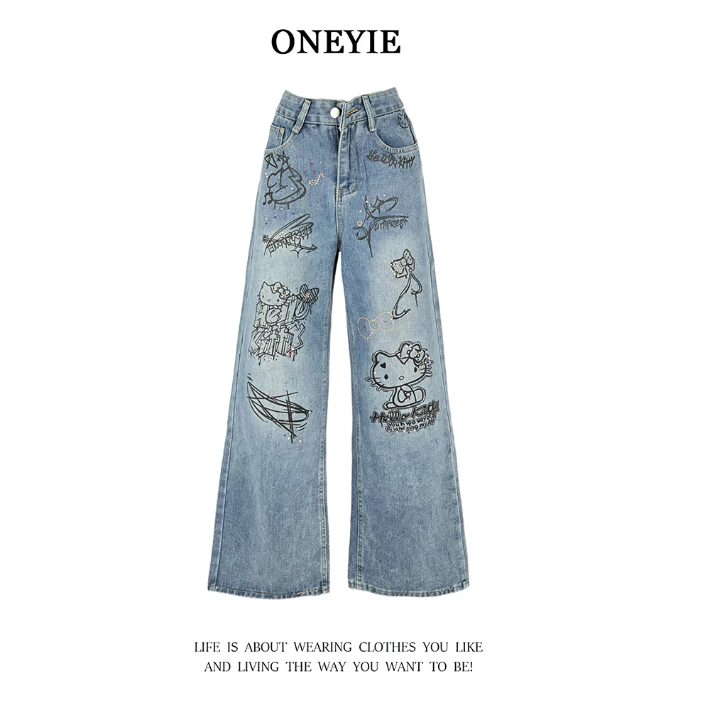 

Summer Hello Kitty Streetwear Wide Leg Pants Y2K Girls Jeans Women Vintage Casual Loose Straight Trousers Cartoon Fashion Pants