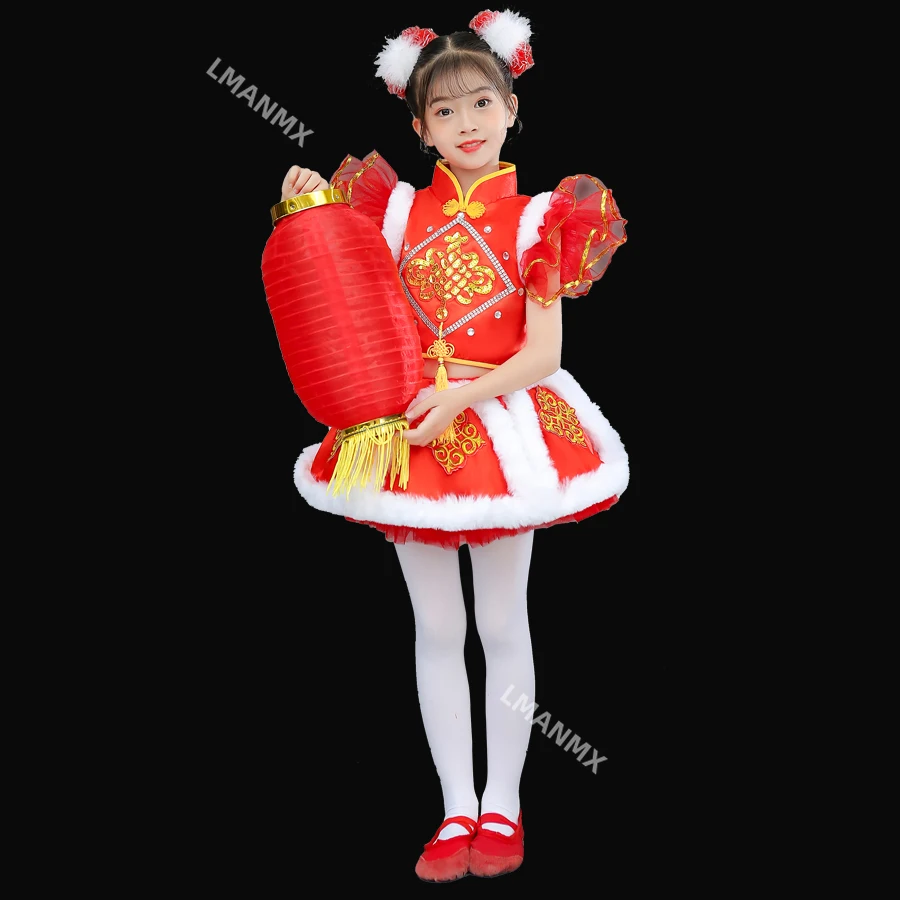 Children's Joyful Chinese Red Performance Dress Opening Red Lantern Dream Child Drumming Performance Dress