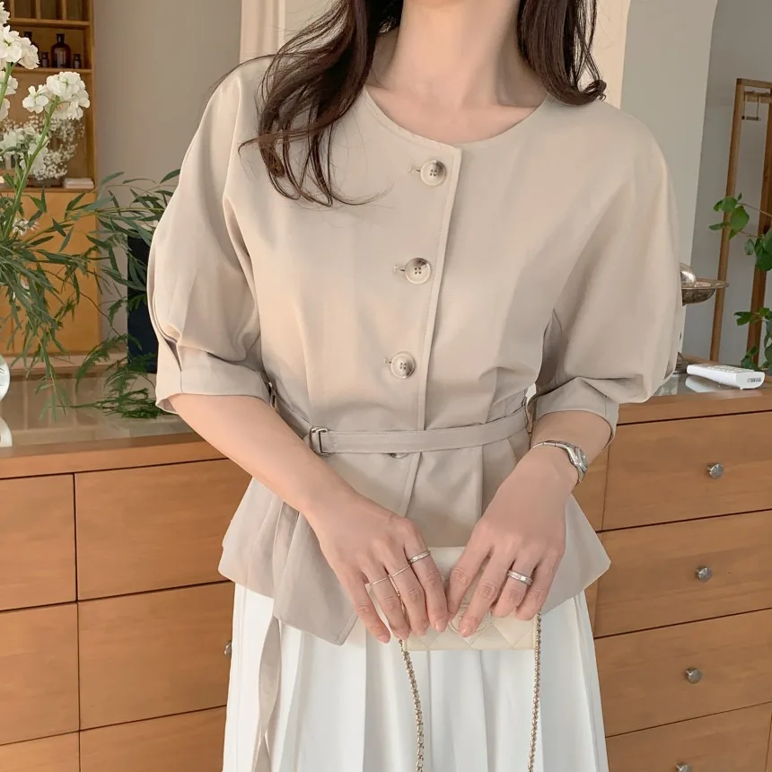 

Женская блузка Dongda Gate, приталенная, с круглым вырезом, на одной пуговице, с завышенной талией, средней длины рукавов, премиум-класса, для повседневной носки, в корейском стиле