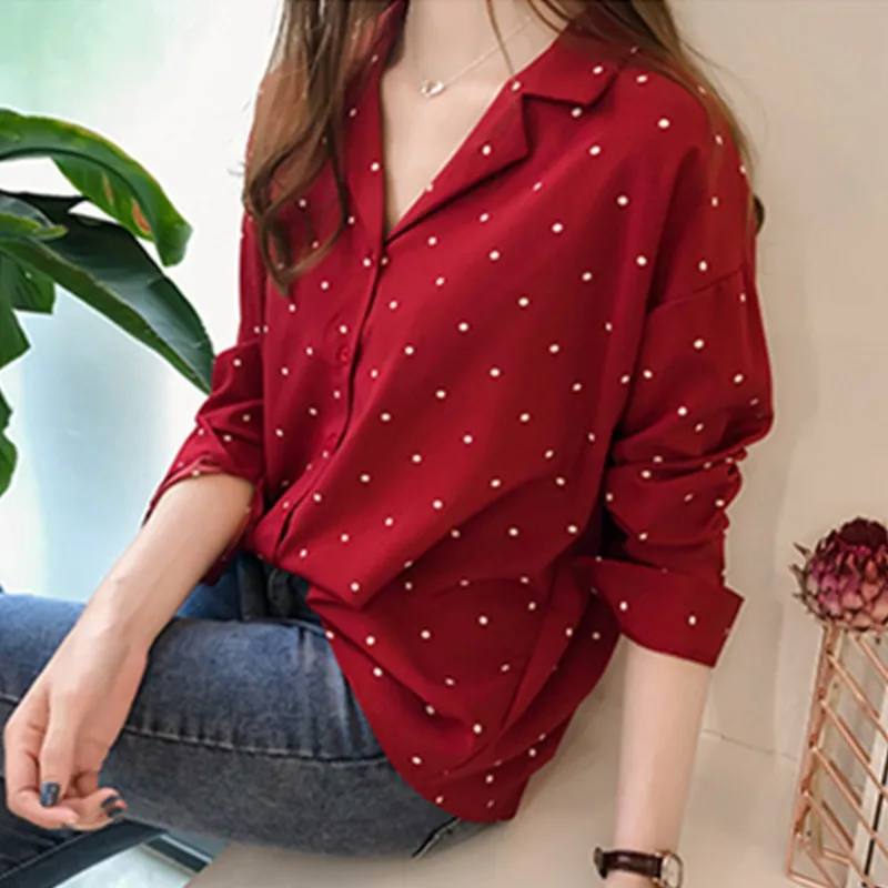 Dot Print Button Turn-down Collar Long Sleeve Women\'s Chiffon Blouse Fashion And Elegant Versatile Shirt