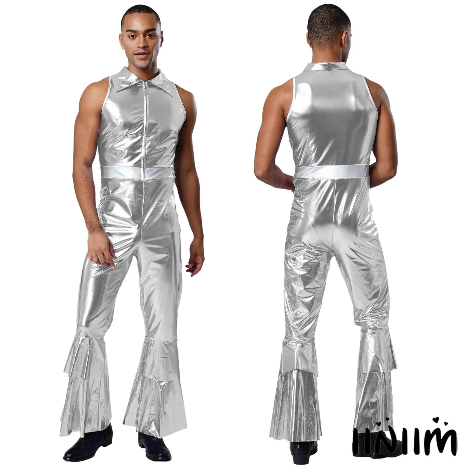 

Vintage 70s Disco Dance Outfit for Men Sparkling Metallic Jumpsuit with Flared Legs And Sleeveless Design for Music Festivals