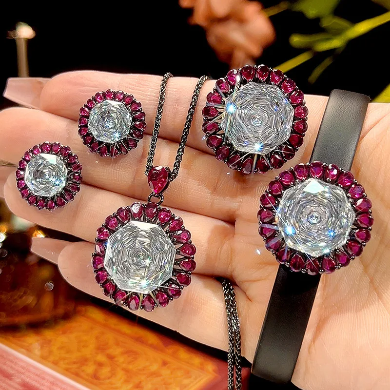 

New autumn and winter jewelry set with gold-plated white diamonds and a high-end black gold design, main stone size 16-10mm
