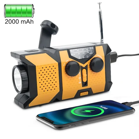 Rádio solar de manivela de emergência com lanterna LED, rádio meteorológico portátil AM/FM/NOAA com carregador de telefone móvel de 2000mAh