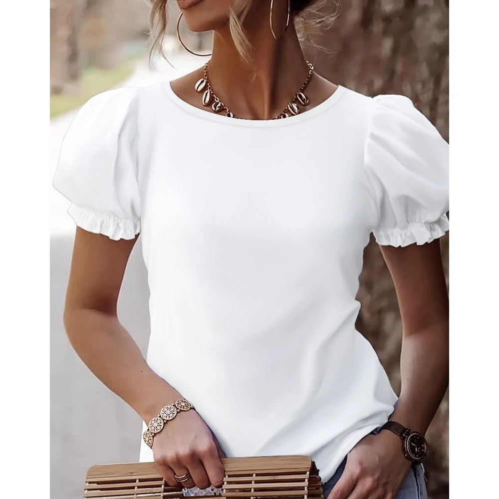 

O-Neck Contrast Lace Cut Out Back Puff Sleeve White Top Fashion Femme Casual Short Sleeve Tied Detail T-Shirts