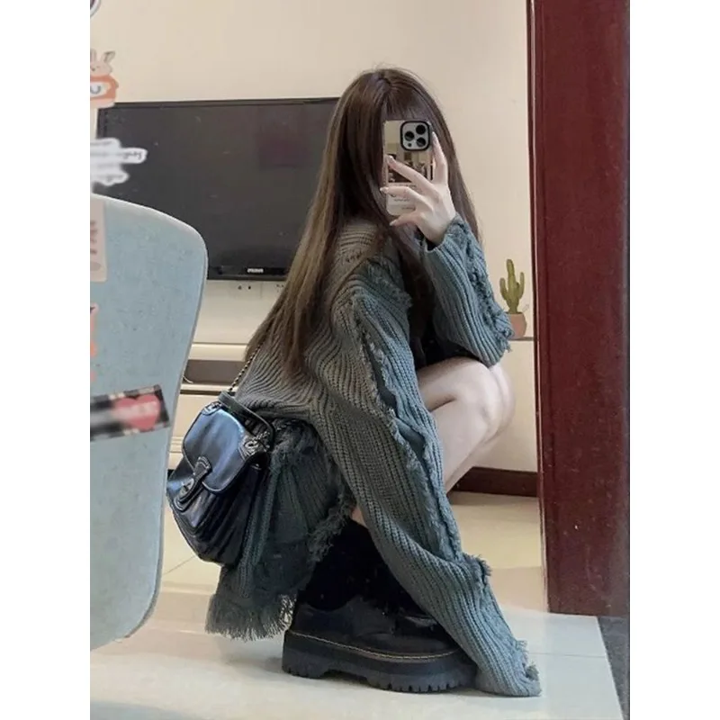 Vintage Sweater Harajuku Fashion Women's Jumper Oversize Cardigans Korean Streetwear New Knitted Grey Sweaters Autumn Chic