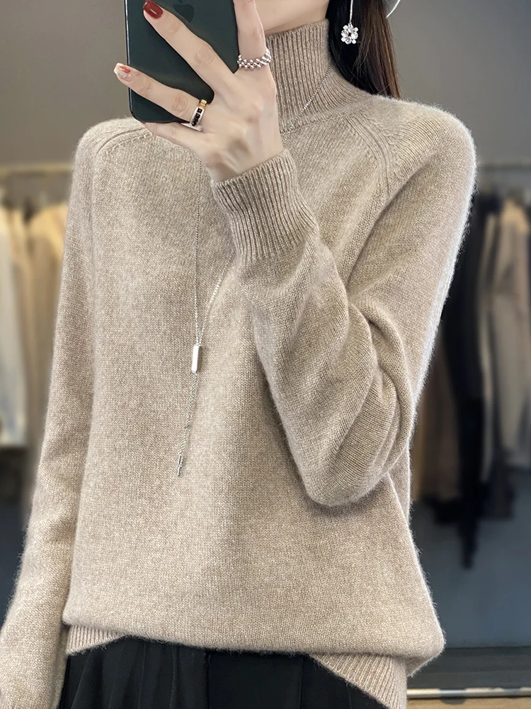 Autumn Merino Wool Sweater Mockneck Cashmere Pullover Knitwear Women  Fashion Basic Slim Long Sleeve Spring Clothing Tops