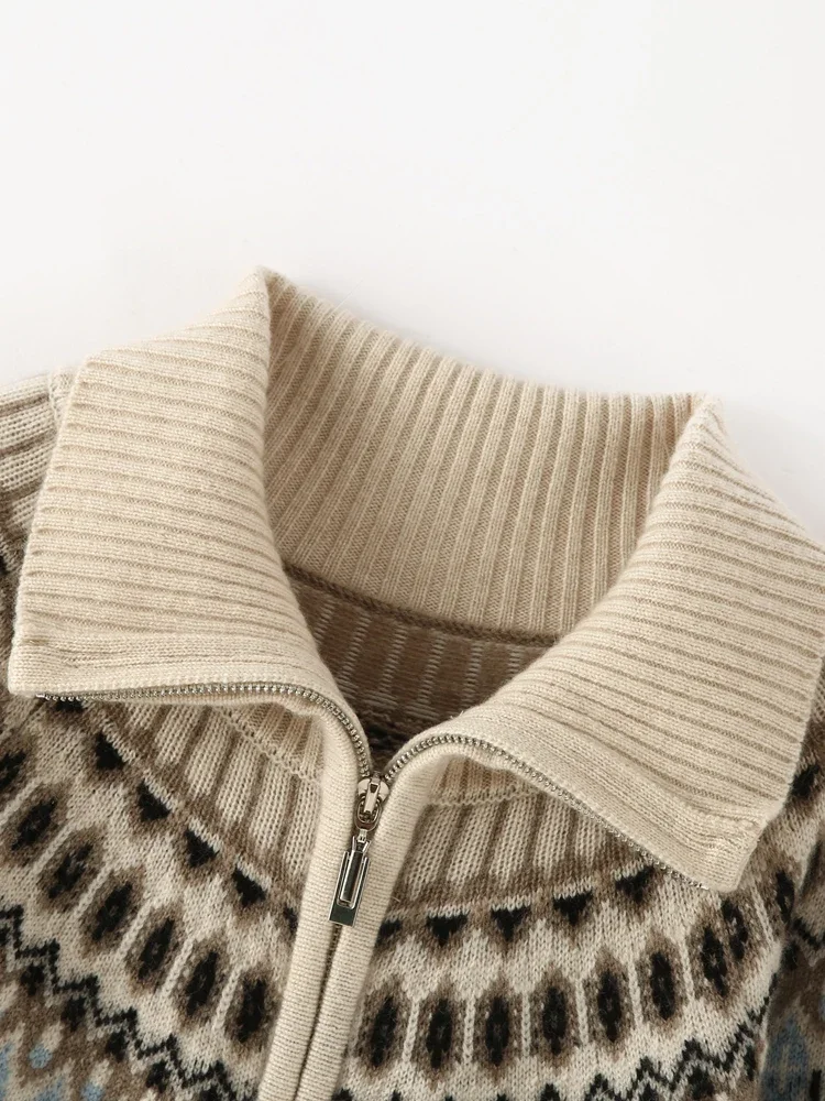 

Vintage Women's 100% Cashmere Sweater Turn-down Collar Zipper Cardigan Jacquard Coat Autumn Winter Thick Cashmere Knitwear Tops