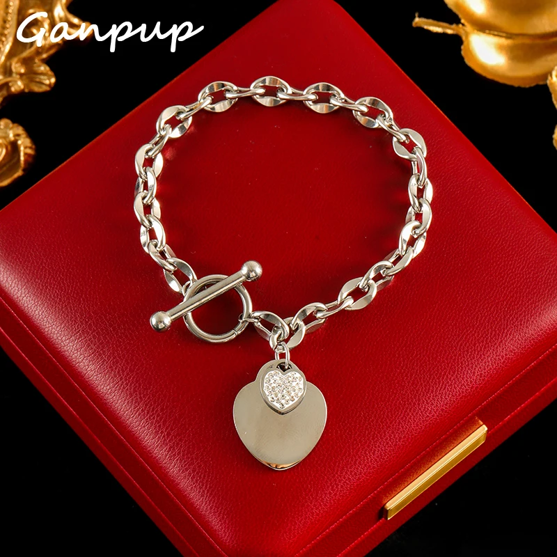 

GANPUP 316L Stainless Steel Metal Silver Color Double Heart Charms Bracelet for Women Trendy Wrist Chain Waterproof Jewelry Gift