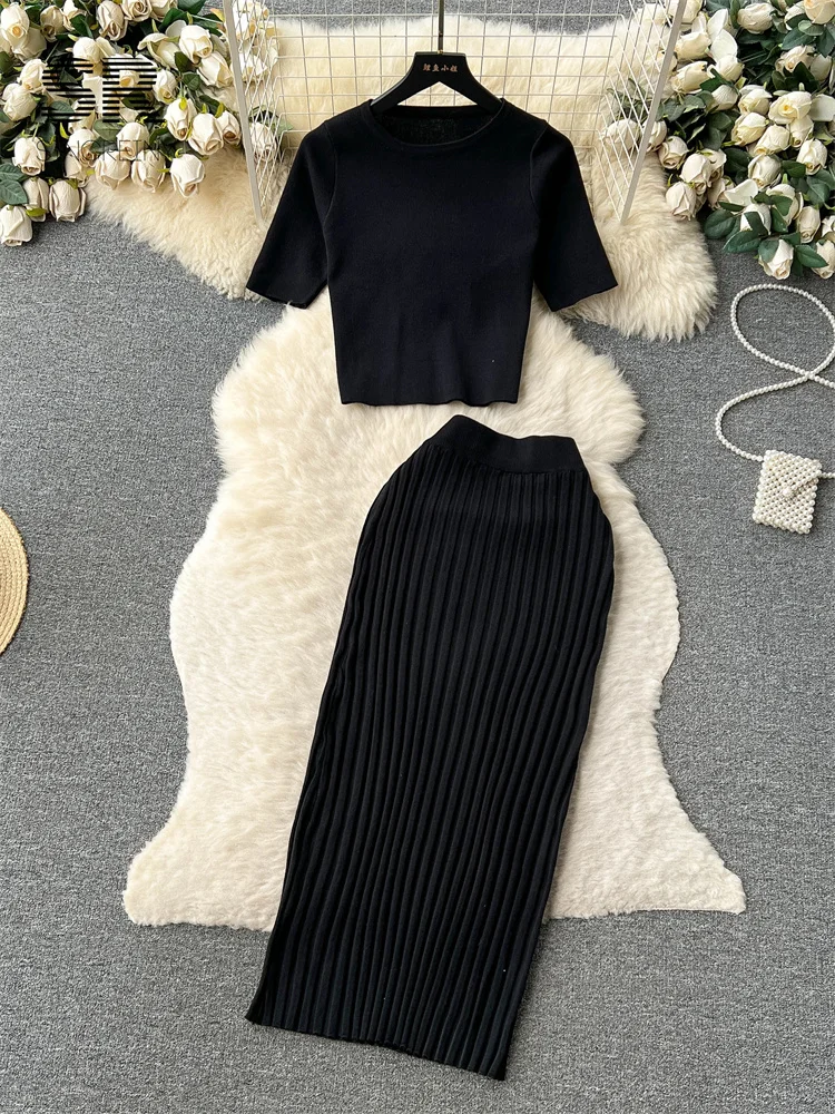 2024Casual Two Piece Sets Women Summer O Neck Top Elastic Waist Long Skirt Fashion Office Lady Korean Knit Suit