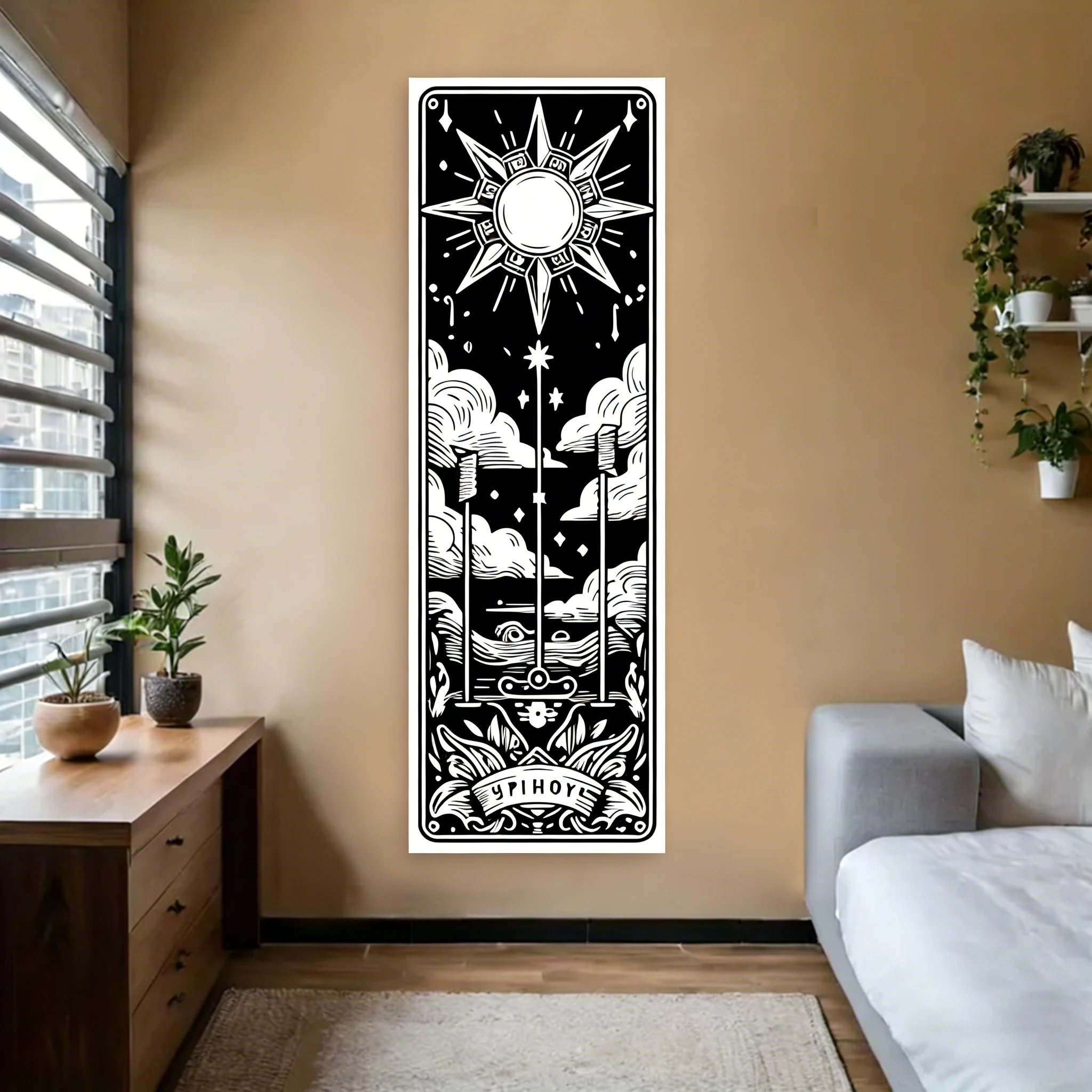 Schwarz-weißer Tarot-Wandteppich, Design mit natürlichen Elementen, Schlafzimmer, eleganter Hintergrund für Zuhause, Dekor, geheimnisvolle ästhetische Kunst