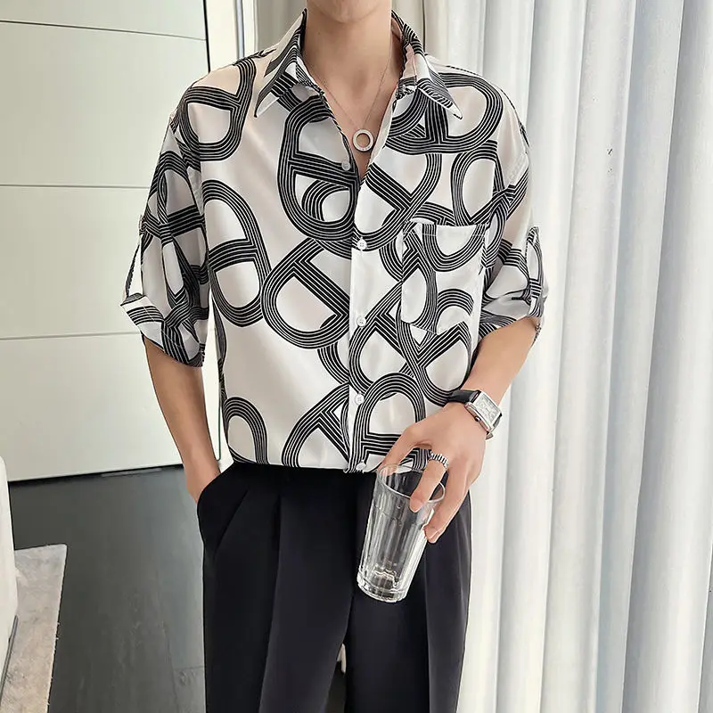 

Fashionable Vintage Printed Shirts Summer Turn-down Collar Button Men's Clothing Casual 3/4 Sleeve Loose Pockets Spliced Shirts
