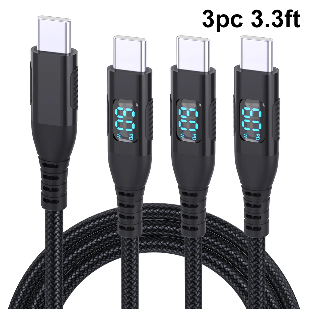 3Pack Nylon Braided USB-C to USB-C Cable 60W 3A Fast Charge Digital Display Power Monitoring Cord, Optional 1m 2m 3m